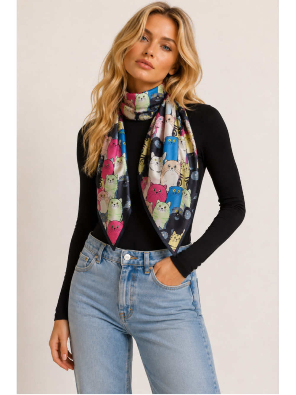 Vintage Colorful Cat Print Oversized Scarf Whimsical Novelty Wrap Shawl Y2K